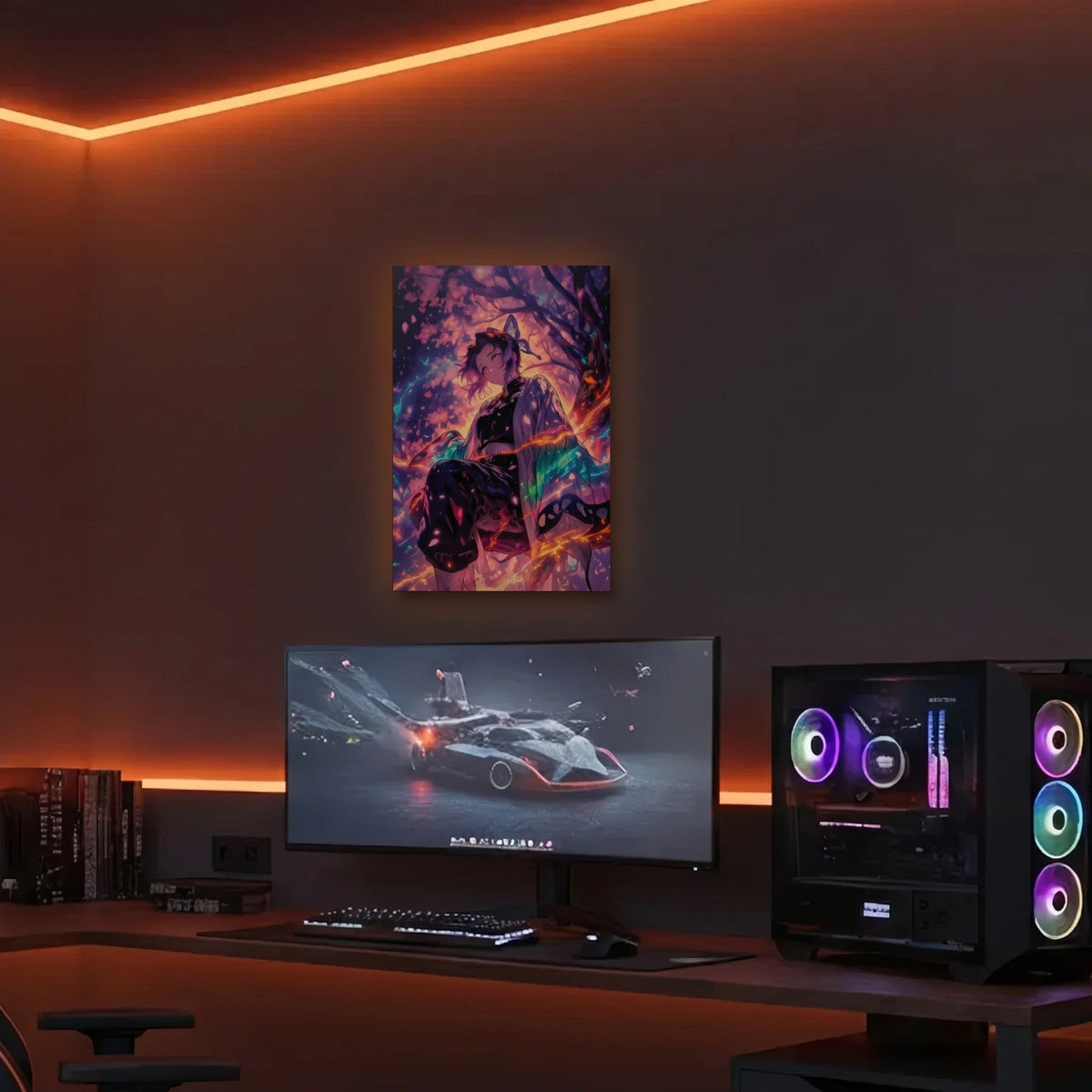Anime Art acrylic wall art in an orange LED gaming room