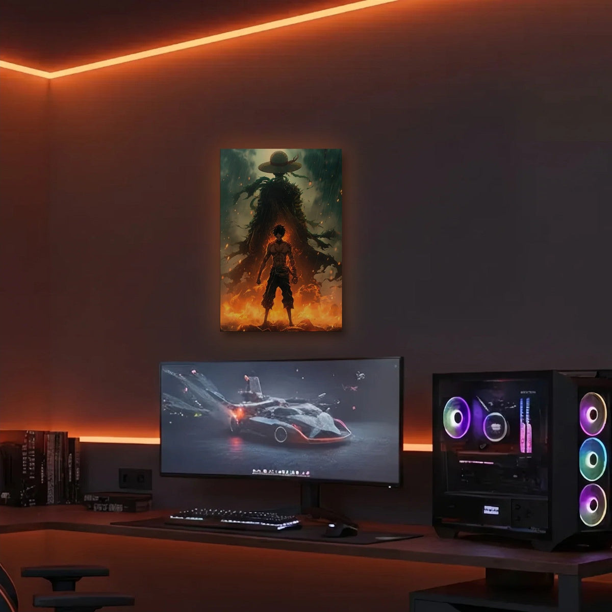 Anime Art acrylic wall art in an orange LED gaming room