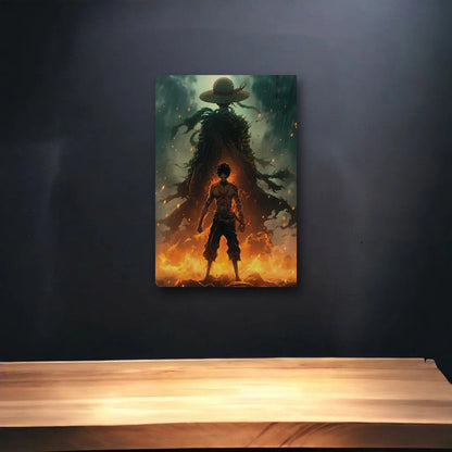 Anime Art glossy acrylic art above a wooden shelf