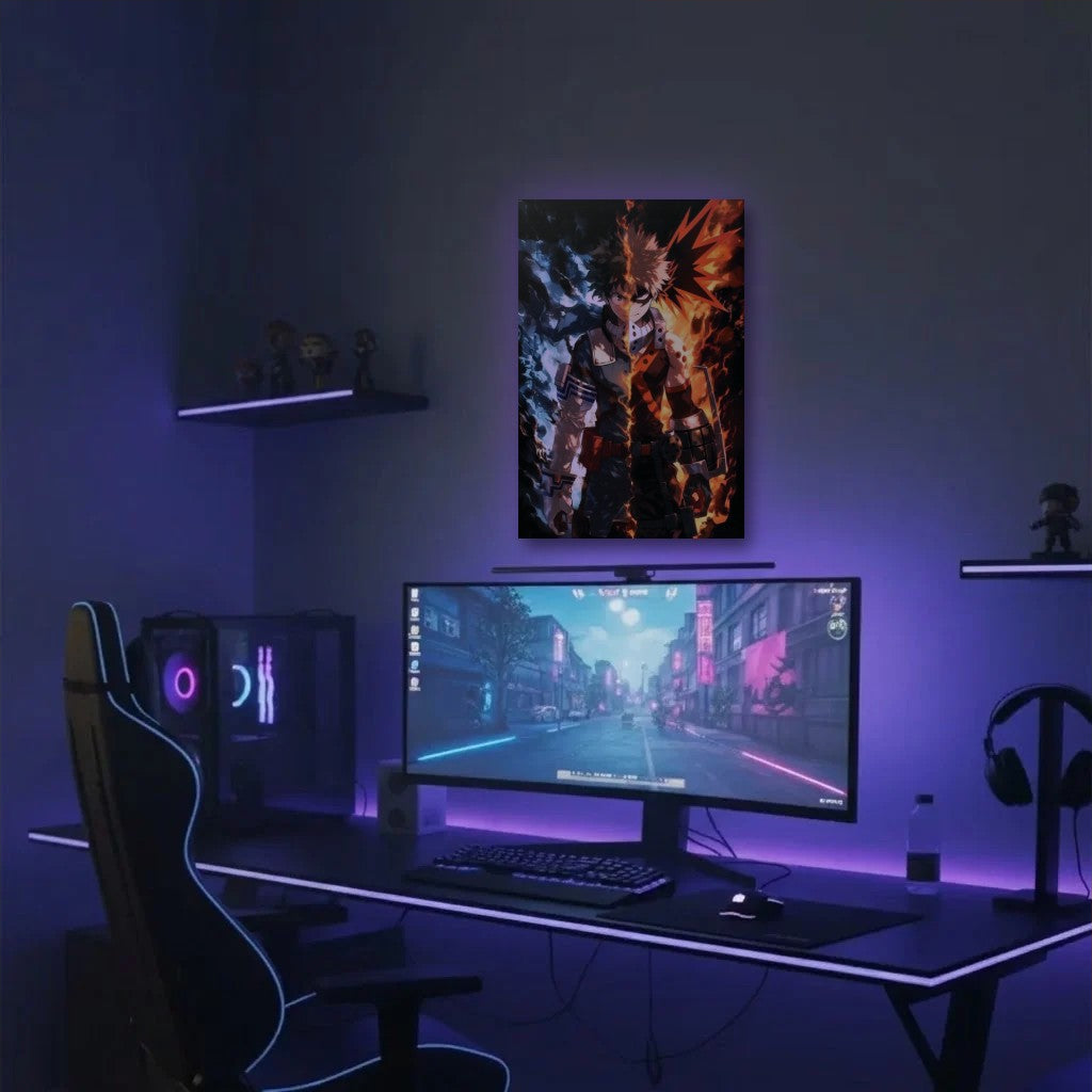 Anime Art acrylic wall art in a purple gaming setup