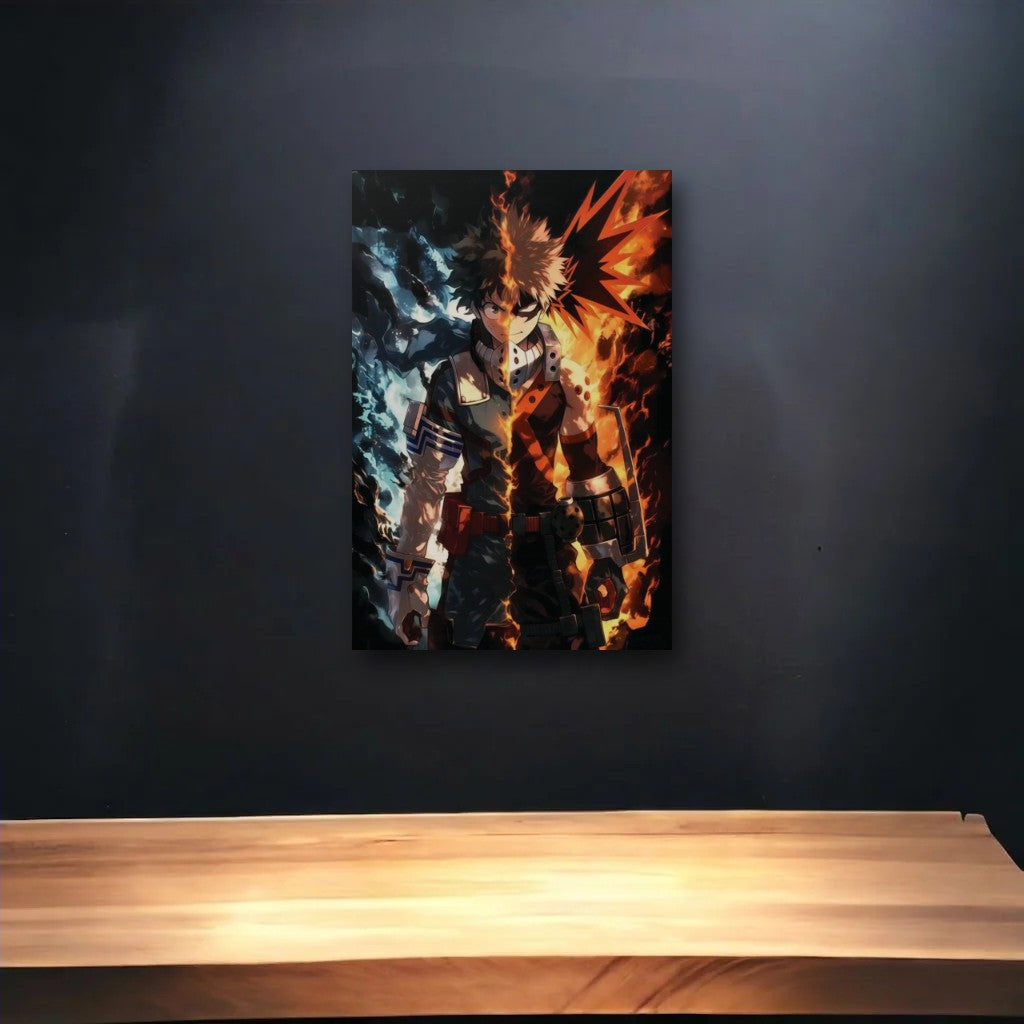 Anime Art glossy acrylic art above a wooden shelf