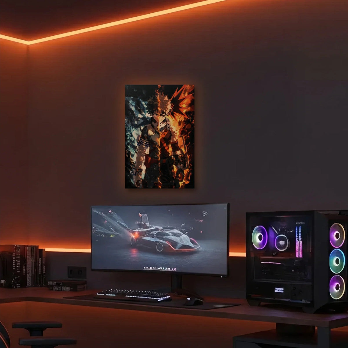 Anime Art acrylic wall art in an orange LED gaming room