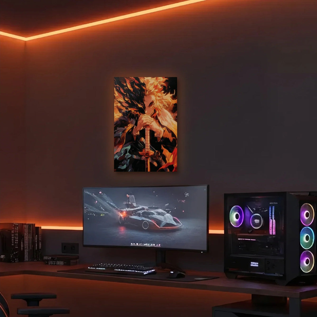 Anime Art acrylic wall art in an orange LED gaming room