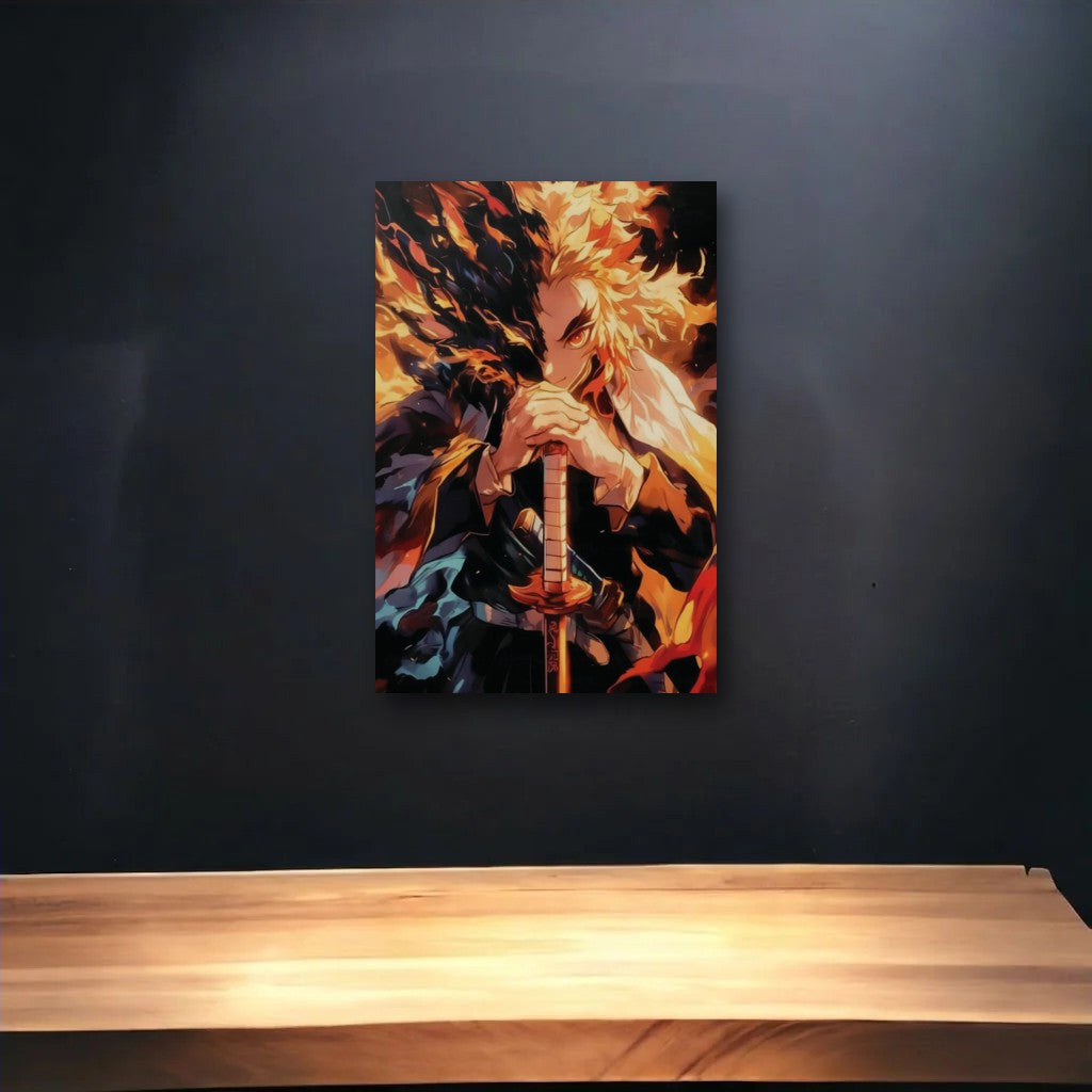 Anime Art glossy acrylic art above a wooden shelf