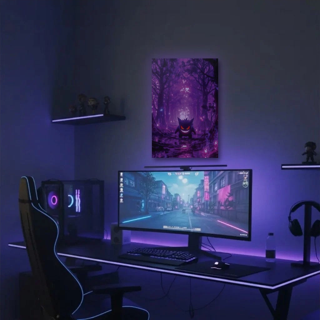 Anime Art acrylic wall art in a purple gaming setup