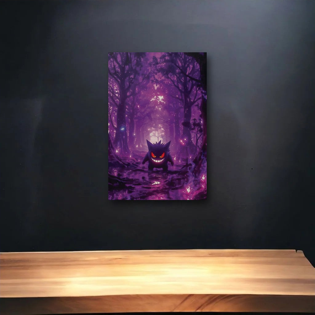 Anime Art glossy acrylic art above a wooden shelf