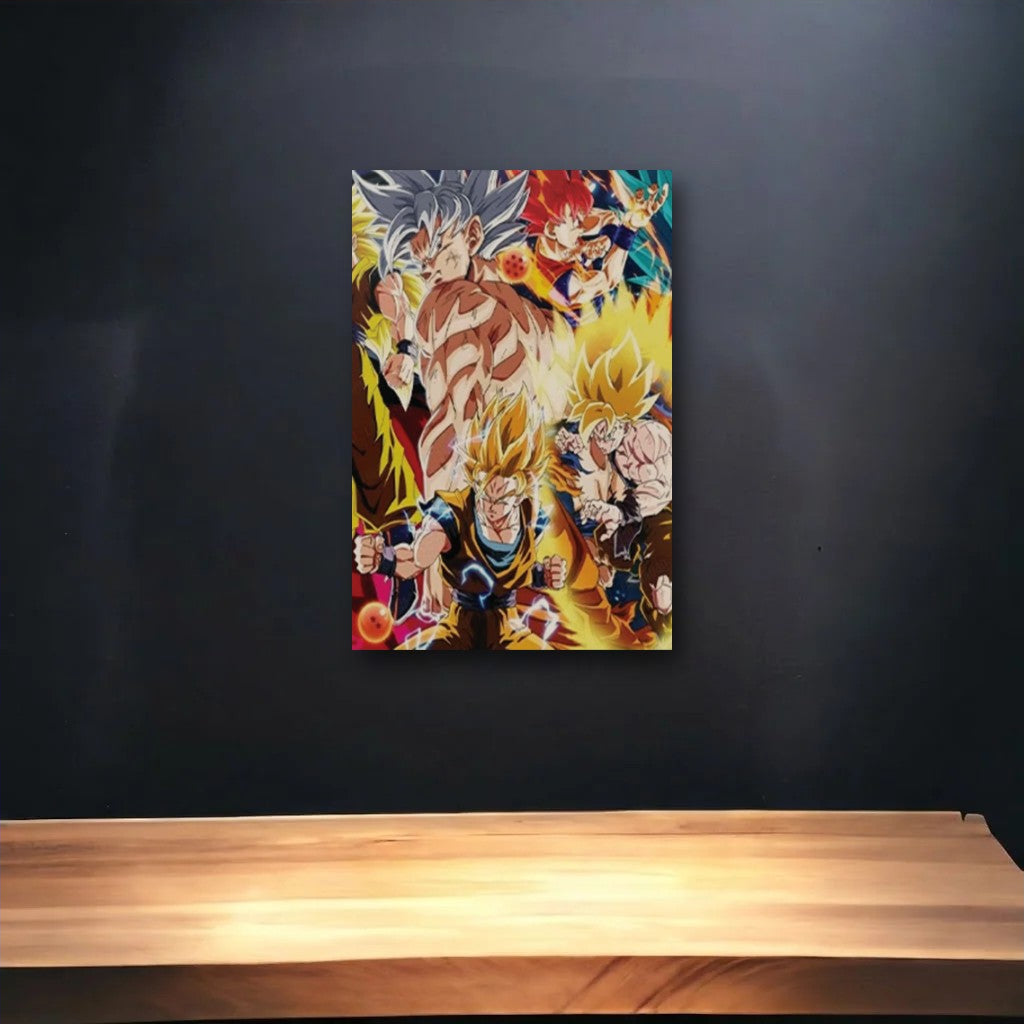 Anime Art glossy acrylic art above a wooden shelf