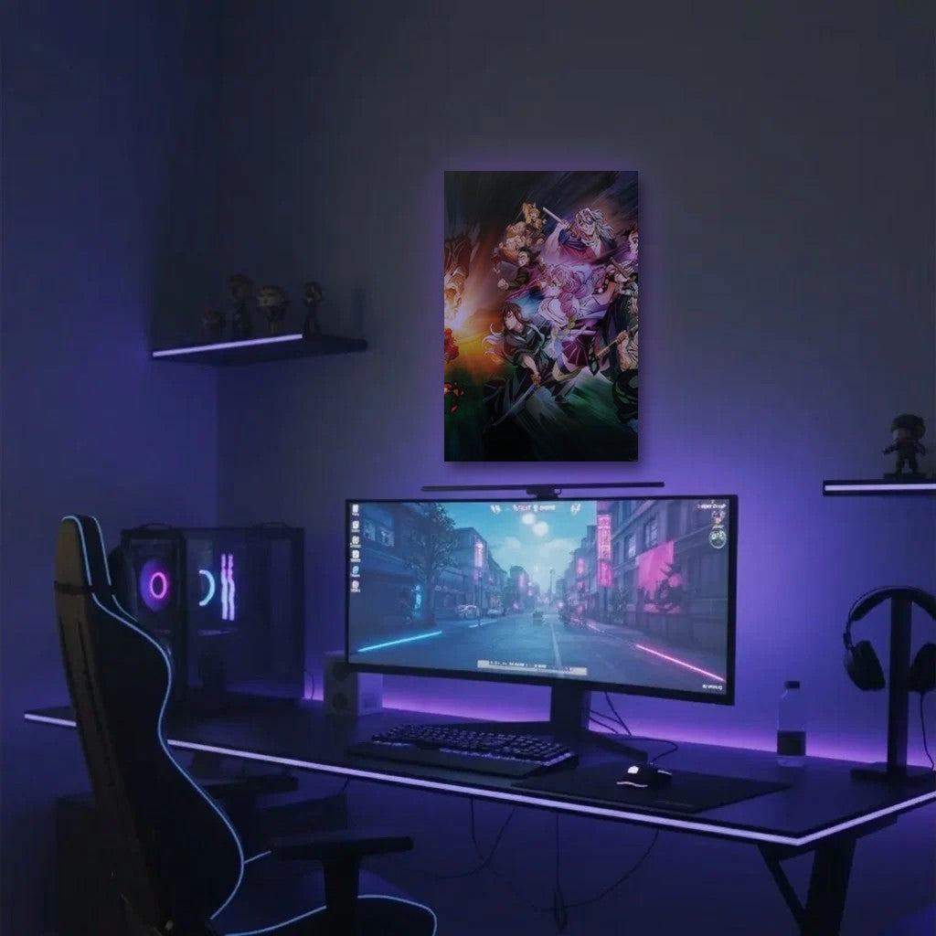 Anime Art acrylic wall art in a purple gaming setup