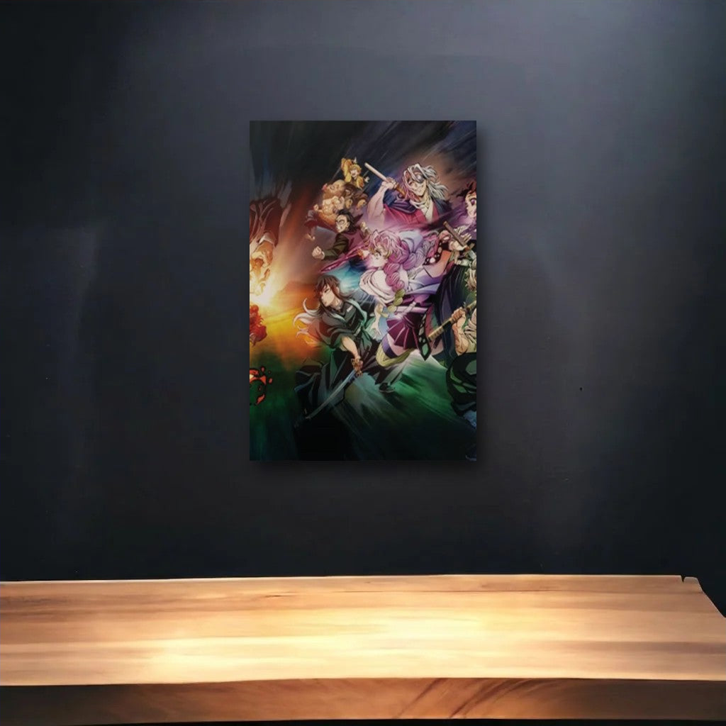 Anime Art glossy acrylic art above a wooden shelf