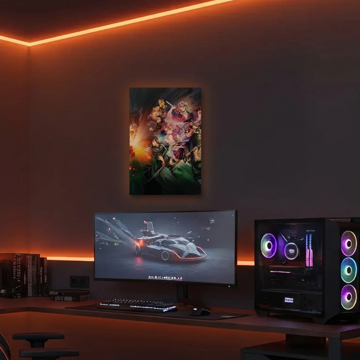 Anime Art acrylic wall art in an orange LED gaming room