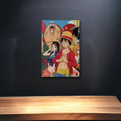Anime Art glossy acrylic art above a wooden shelf