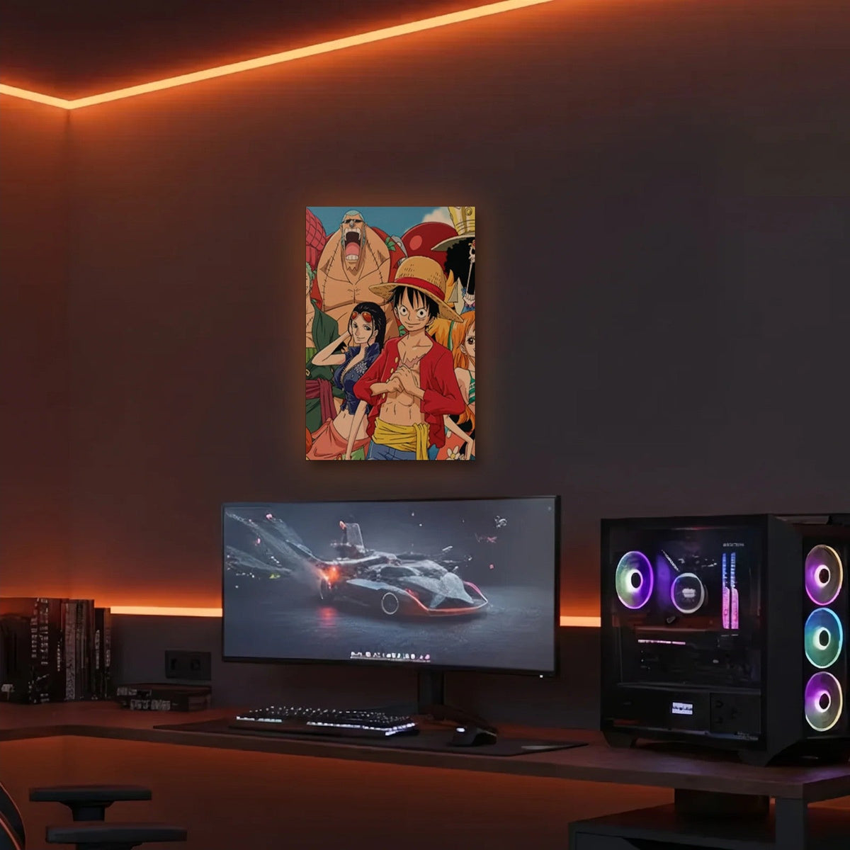 Anime Art acrylic wall art in an orange LED gaming room