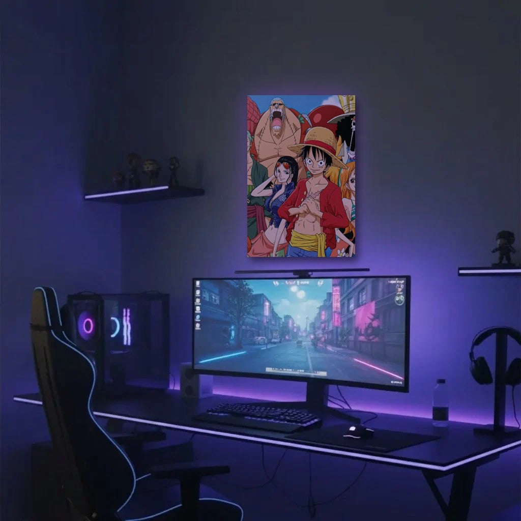 Anime Art acrylic wall art in a purple gaming setup