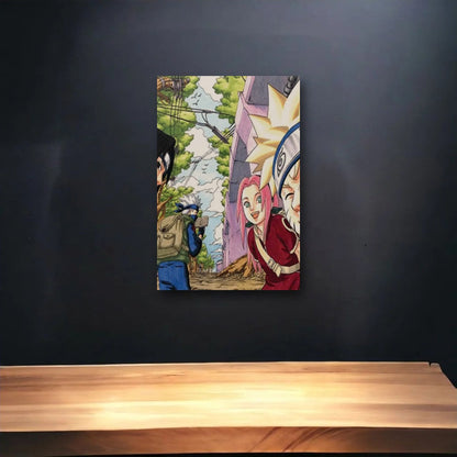 Anime Art glossy acrylic art above a wooden shelf