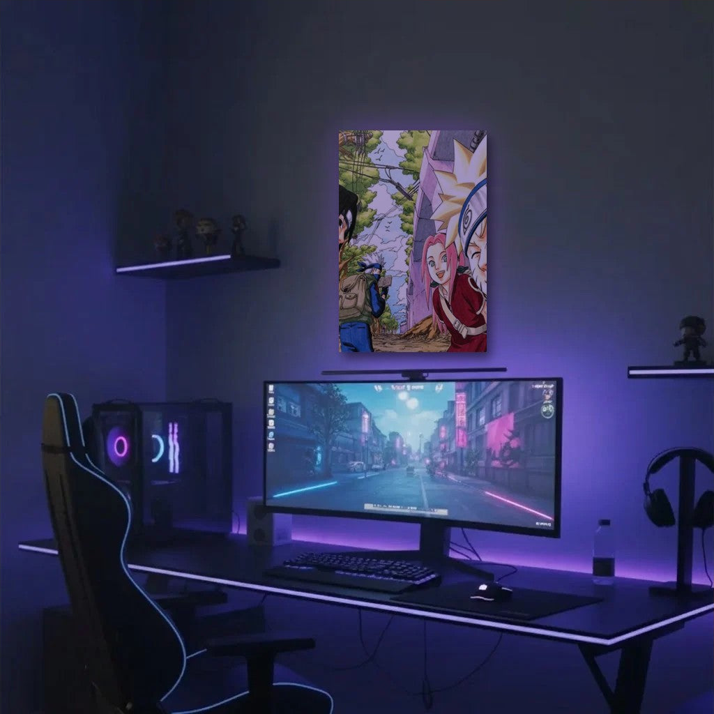 Anime Art acrylic wall art in a purple gaming setup