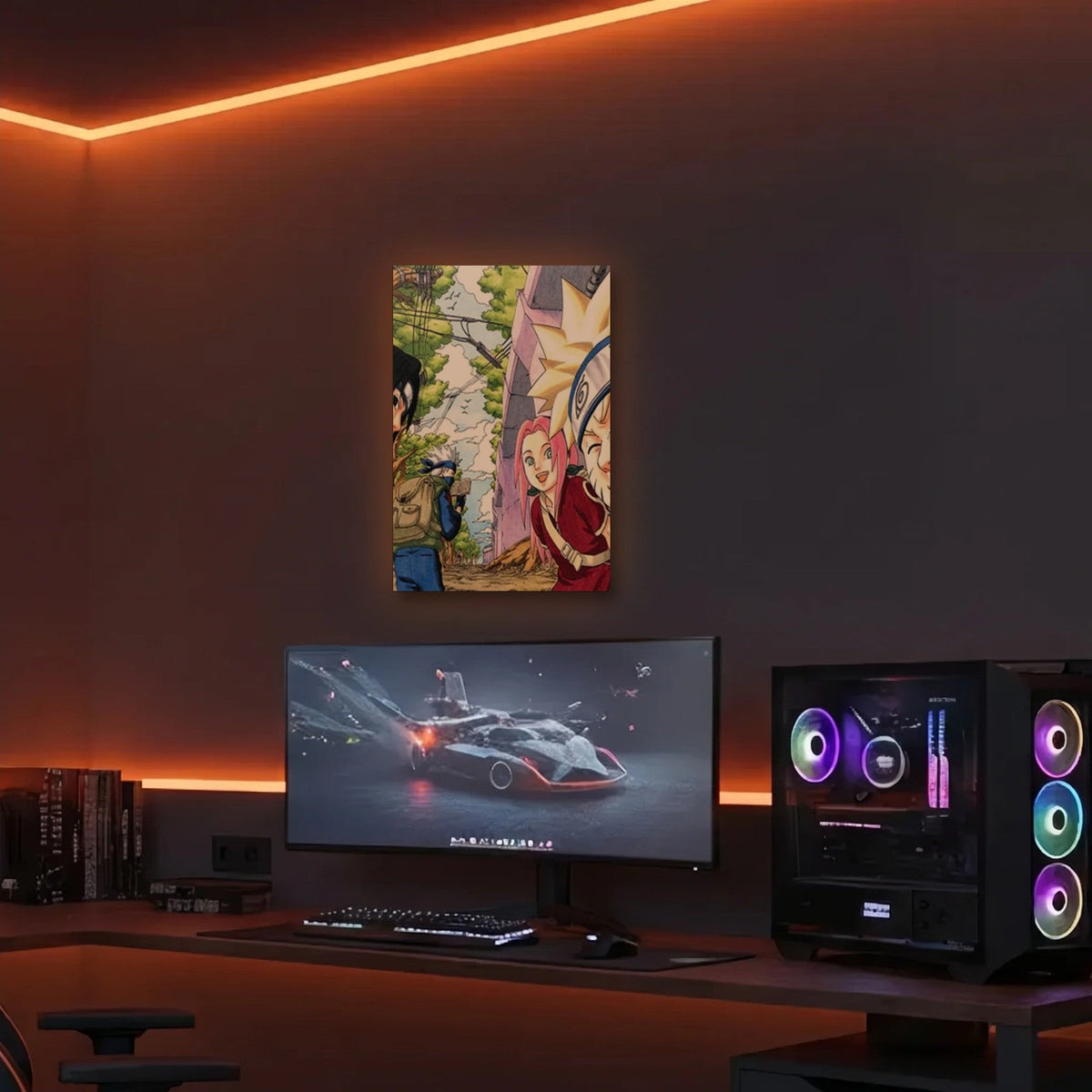 Anime Art acrylic wall art in an orange LED gaming room