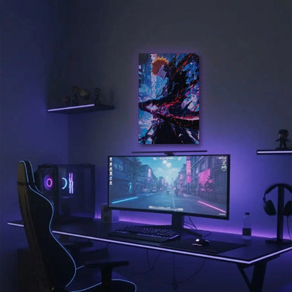 Anime Art acrylic wall art in a purple gaming setup