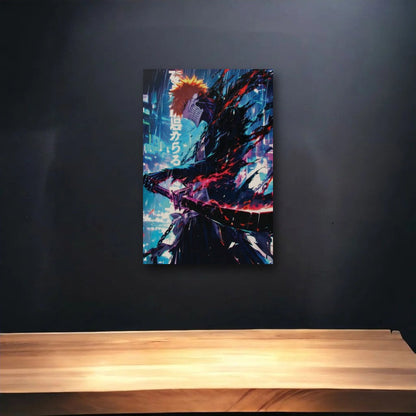 Anime Art glossy acrylic art above a wooden shelf