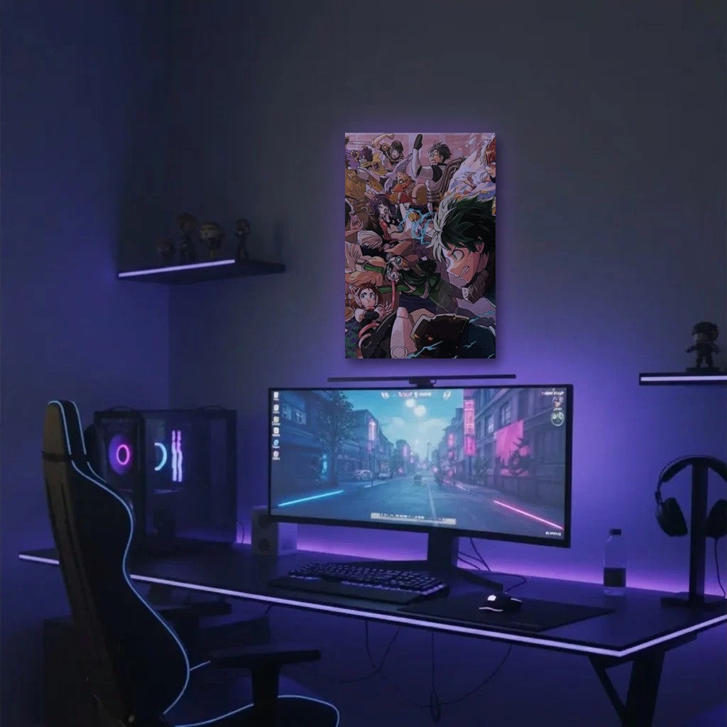 Anime Art acrylic wall art in a purple gaming setup
