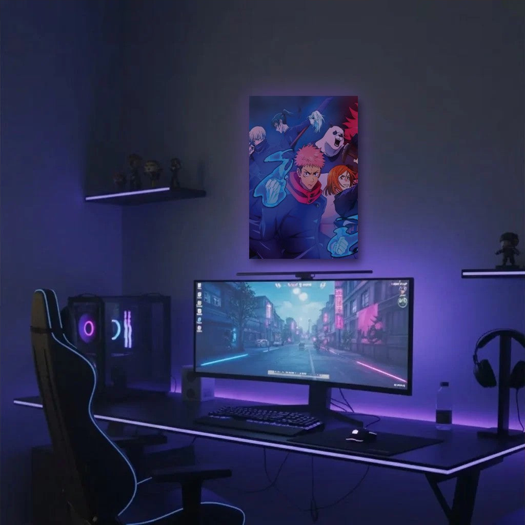 Anime Art acrylic wall art in a purple gaming setup