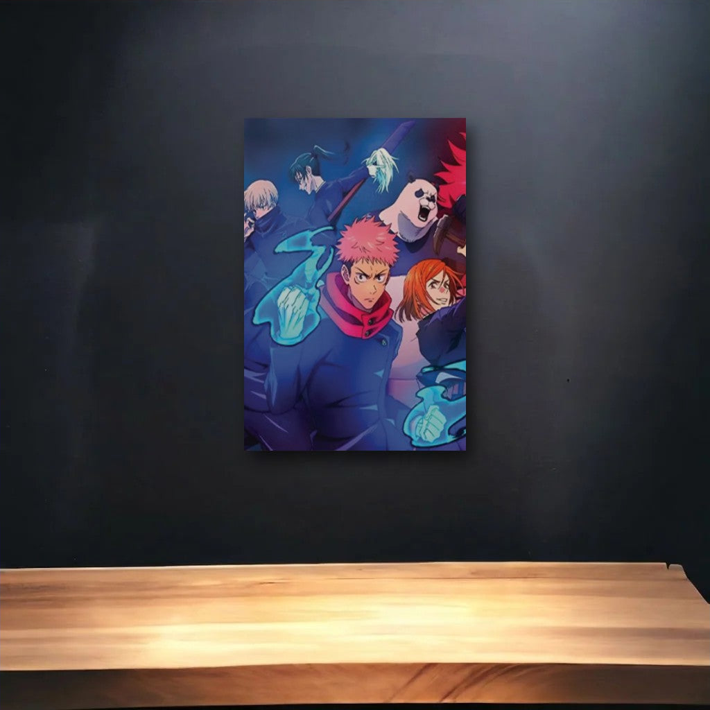 Anime Art glossy acrylic art above a wooden shelf