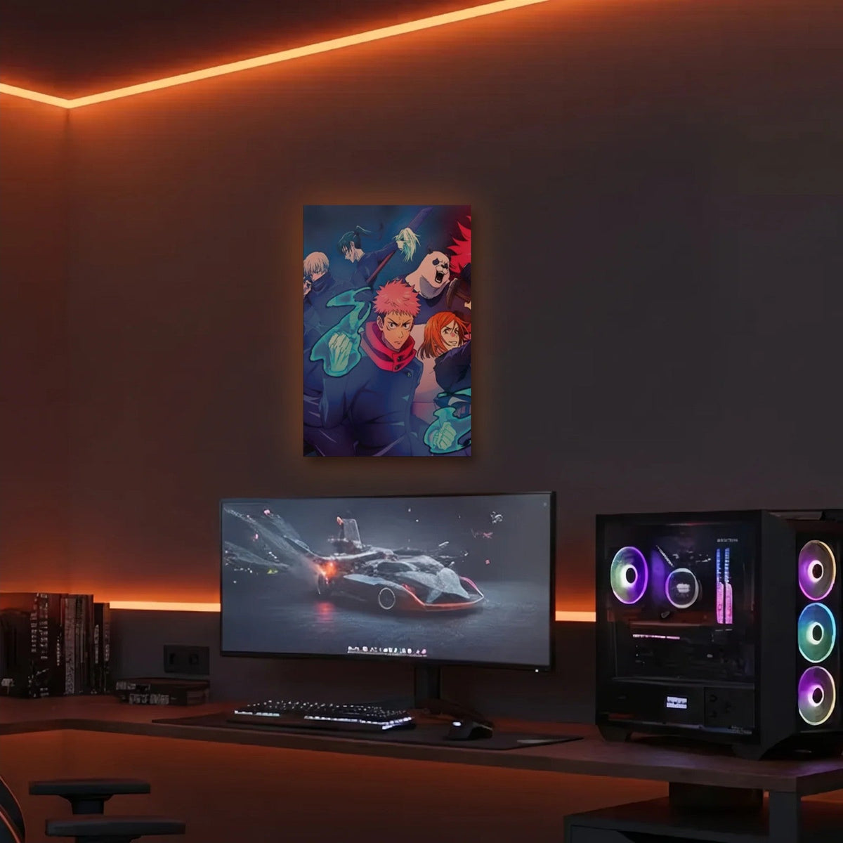 Anime Art acrylic wall art in an orange LED gaming room