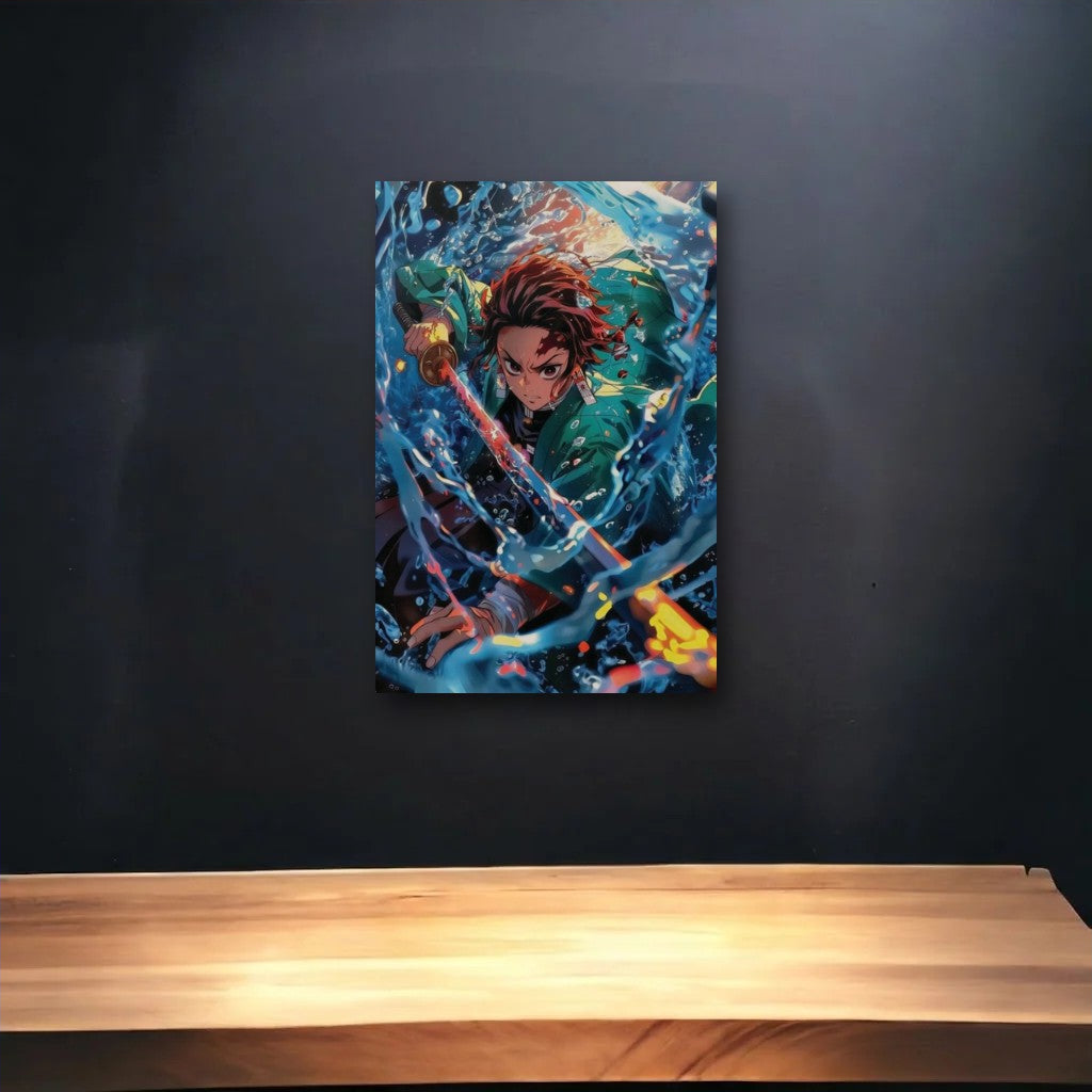 Anime Art glossy acrylic art above a wooden shelf