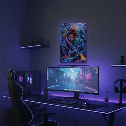 Anime Art acrylic wall art in a purple gaming setup