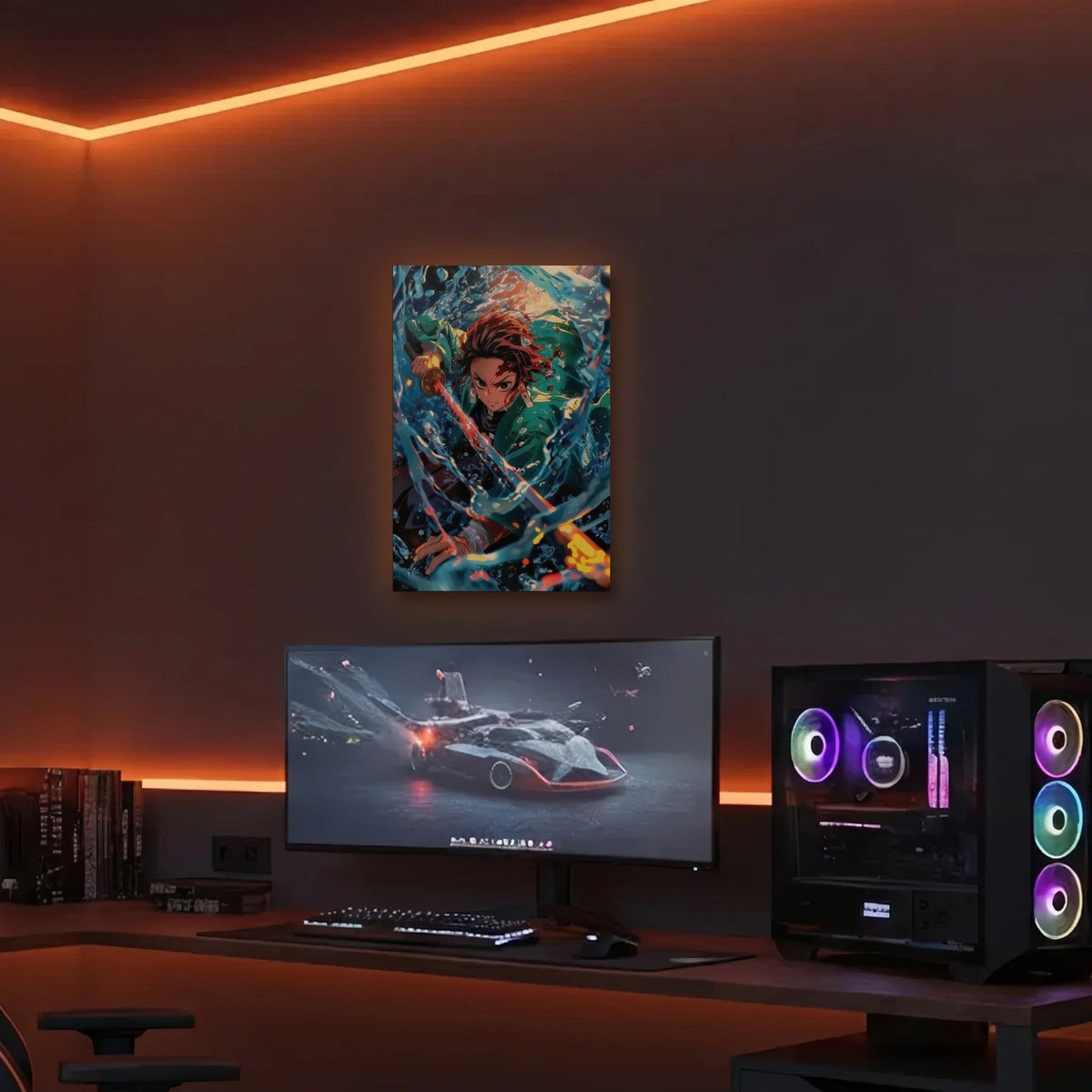 Anime Art acrylic wall art in an orange LED gaming room