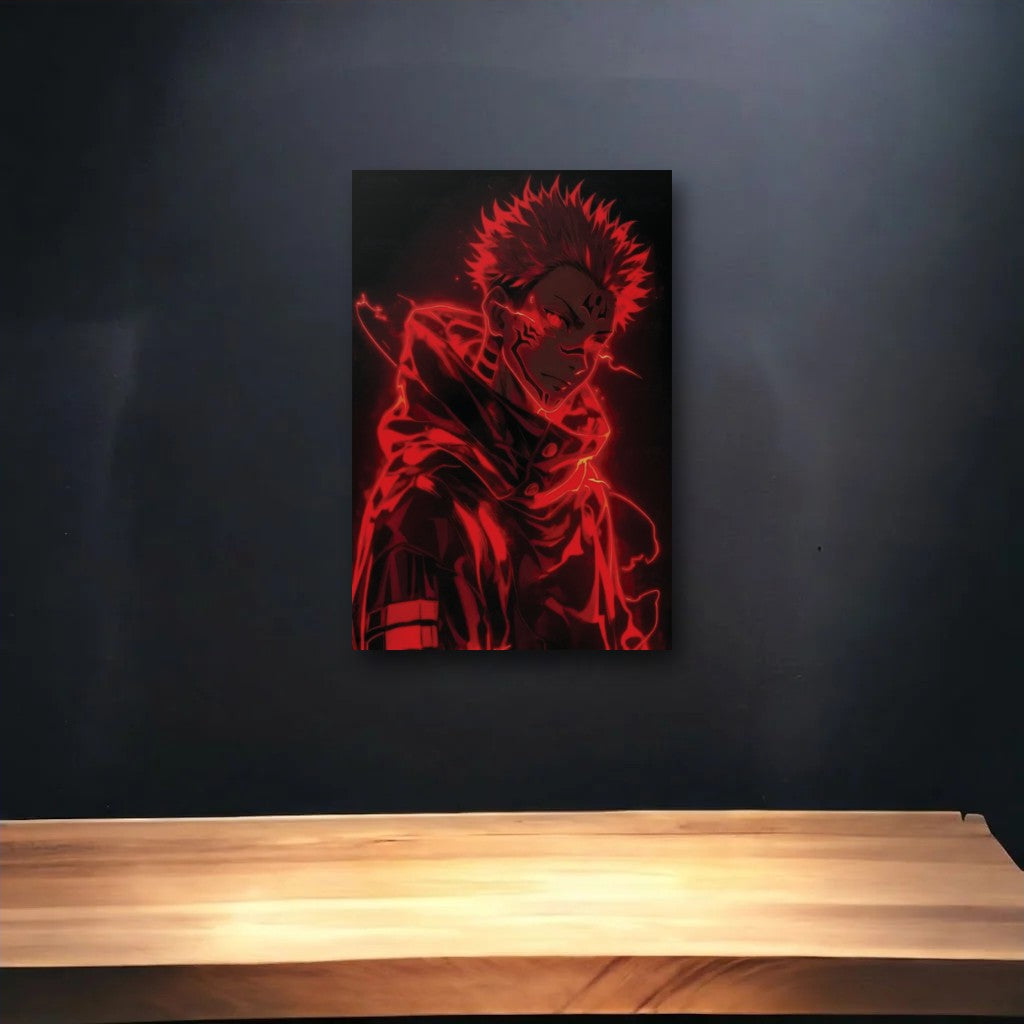 Anime Art glossy acrylic art above a wooden shelf
