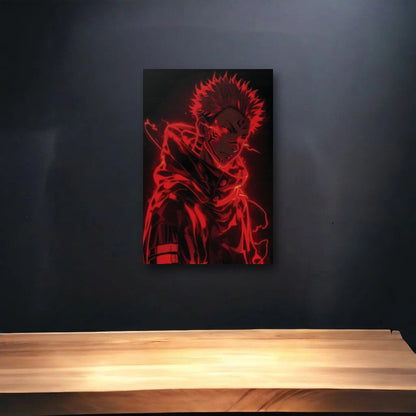 Anime Art glossy acrylic art above a wooden shelf