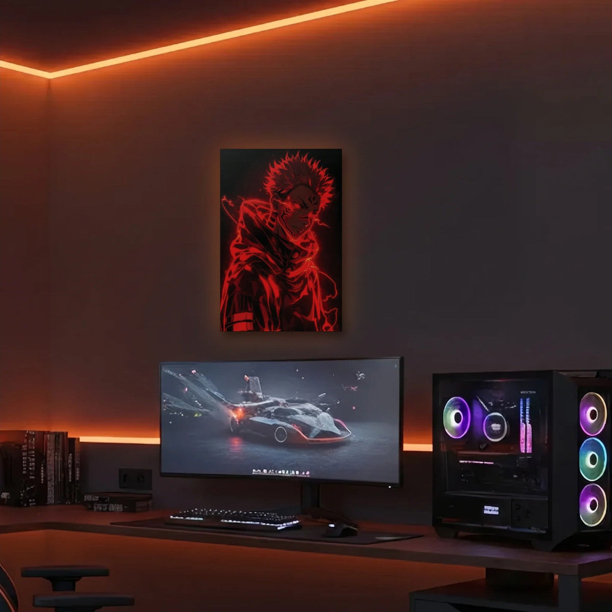 Anime Art acrylic wall art in an orange LED gaming room