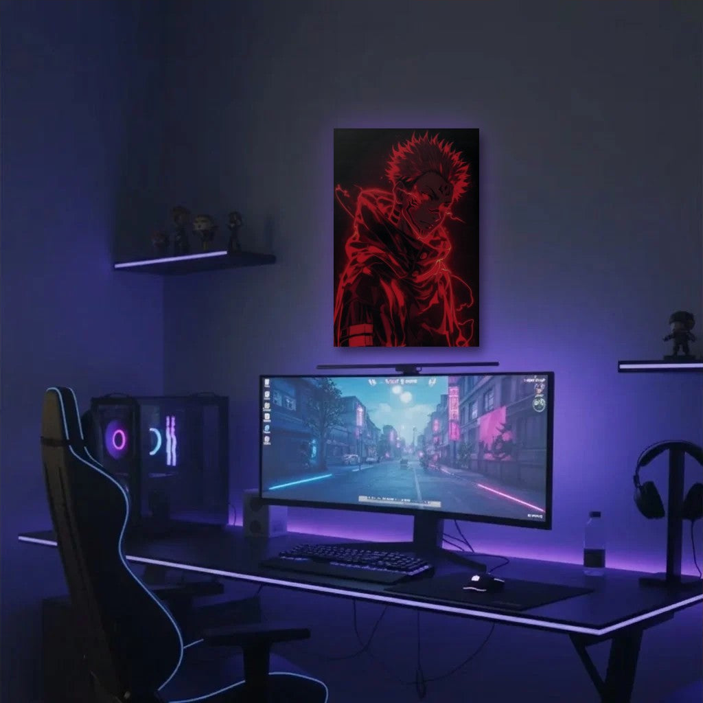 Anime Art acrylic wall art in a purple gaming setup