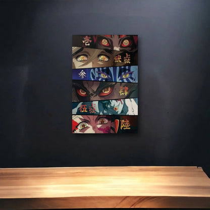 Anime Art glossy acrylic art above a wooden shelf