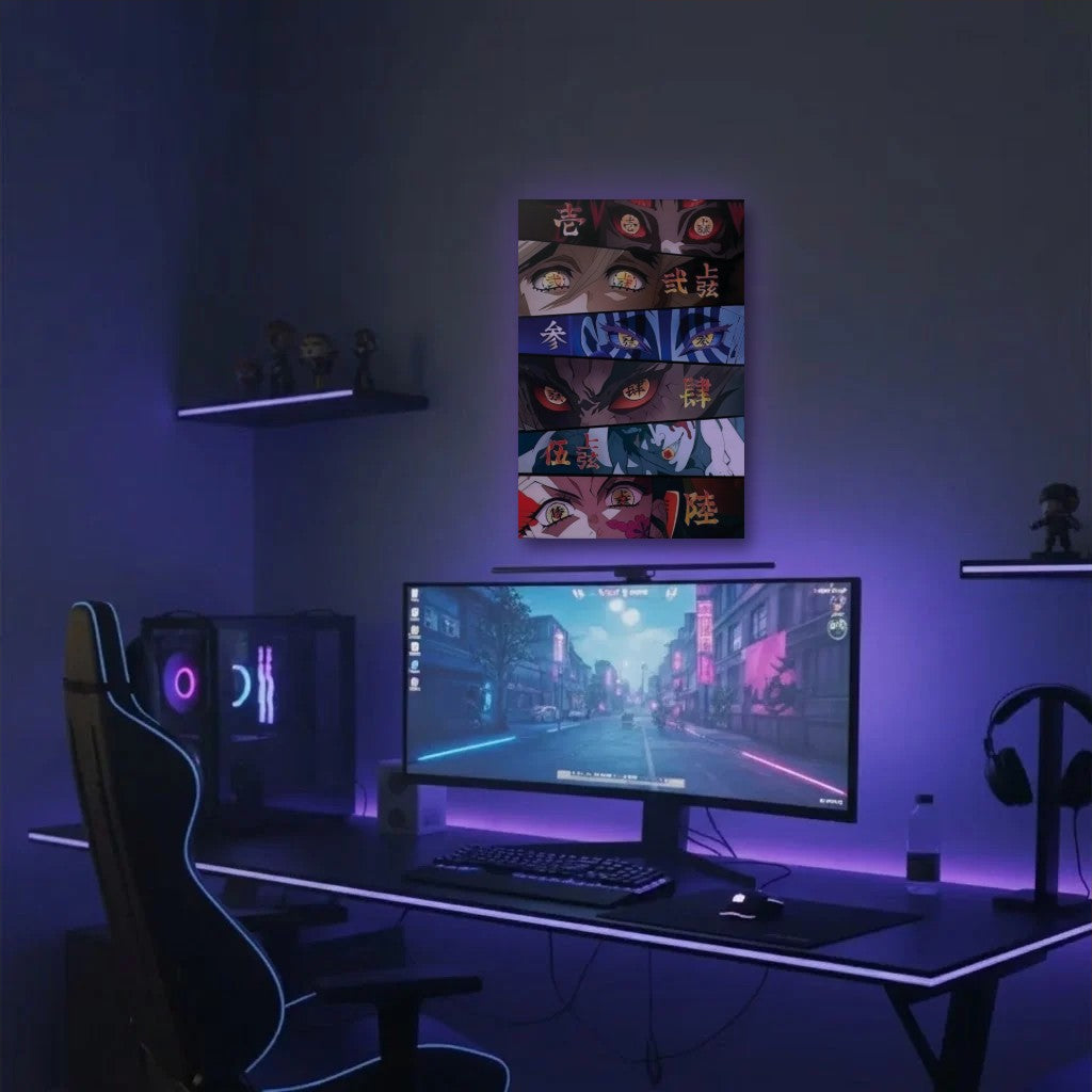 Anime Art acrylic wall art in a purple gaming setup