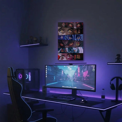 Anime Art acrylic wall art in a purple gaming setup