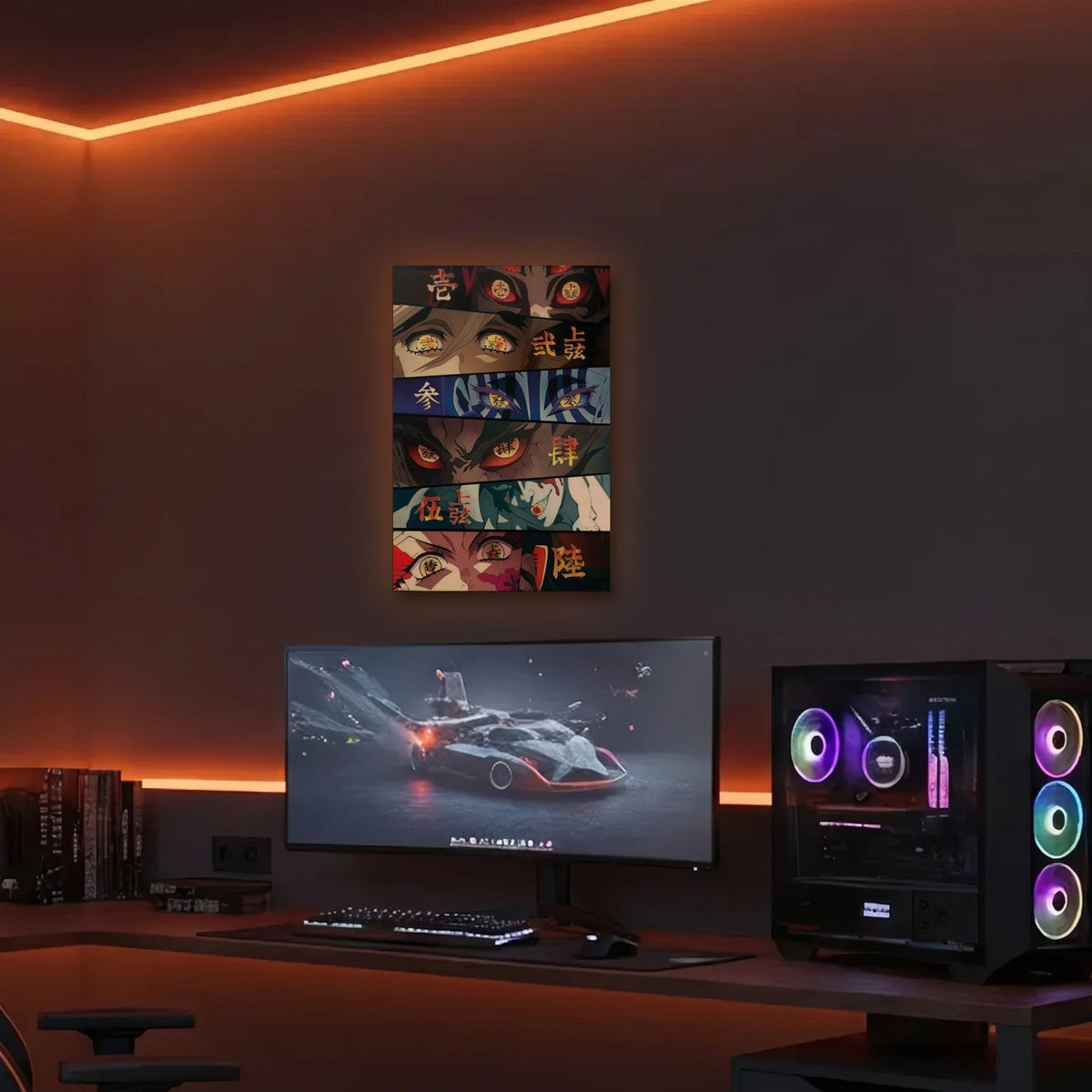 Anime Art acrylic wall art in an orange LED gaming room