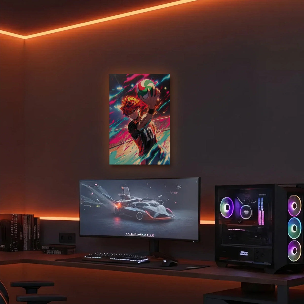 Anime Art acrylic wall art in an orange LED gaming room