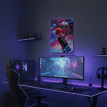 Anime Art acrylic wall art in a purple gaming setup