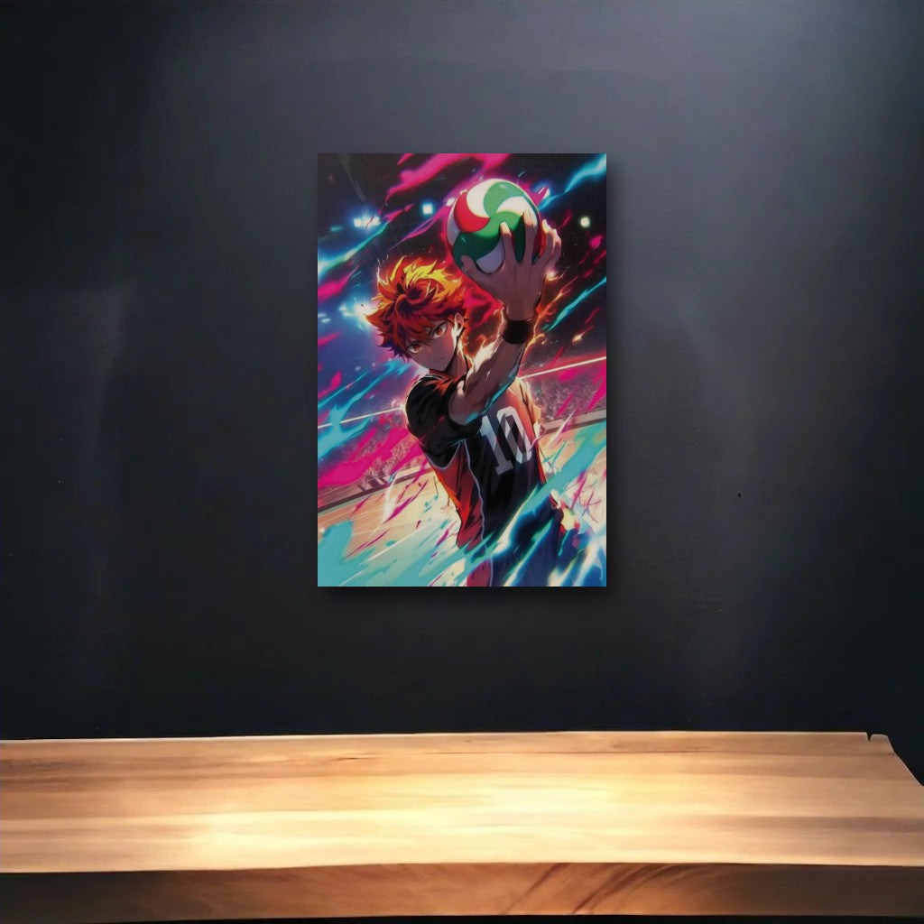 Anime Art glossy acrylic art above a wooden shelf