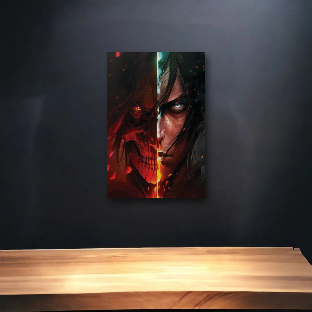 Anime Art glossy acrylic art above a wooden shelf