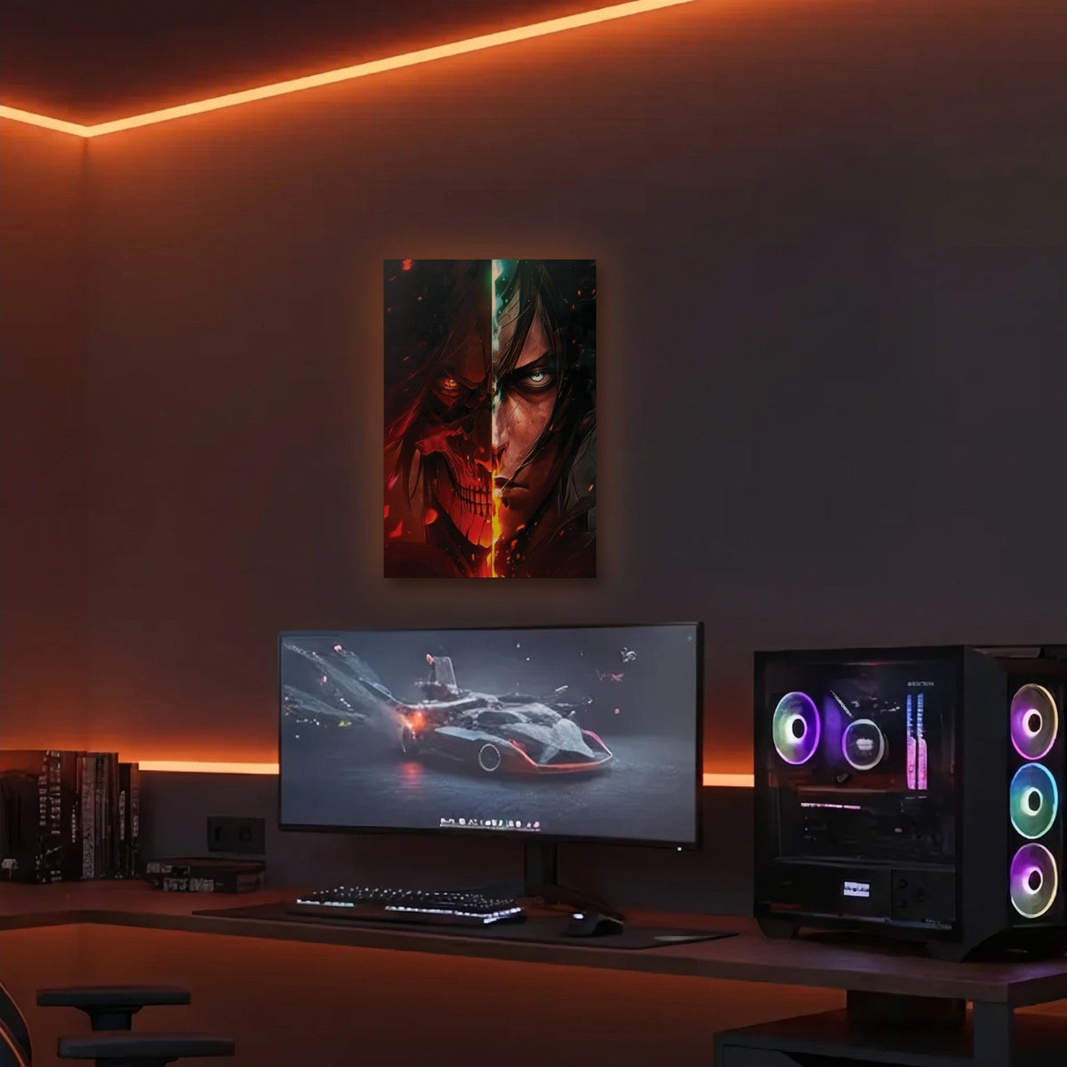 Anime Art acrylic wall art in an orange LED gaming room