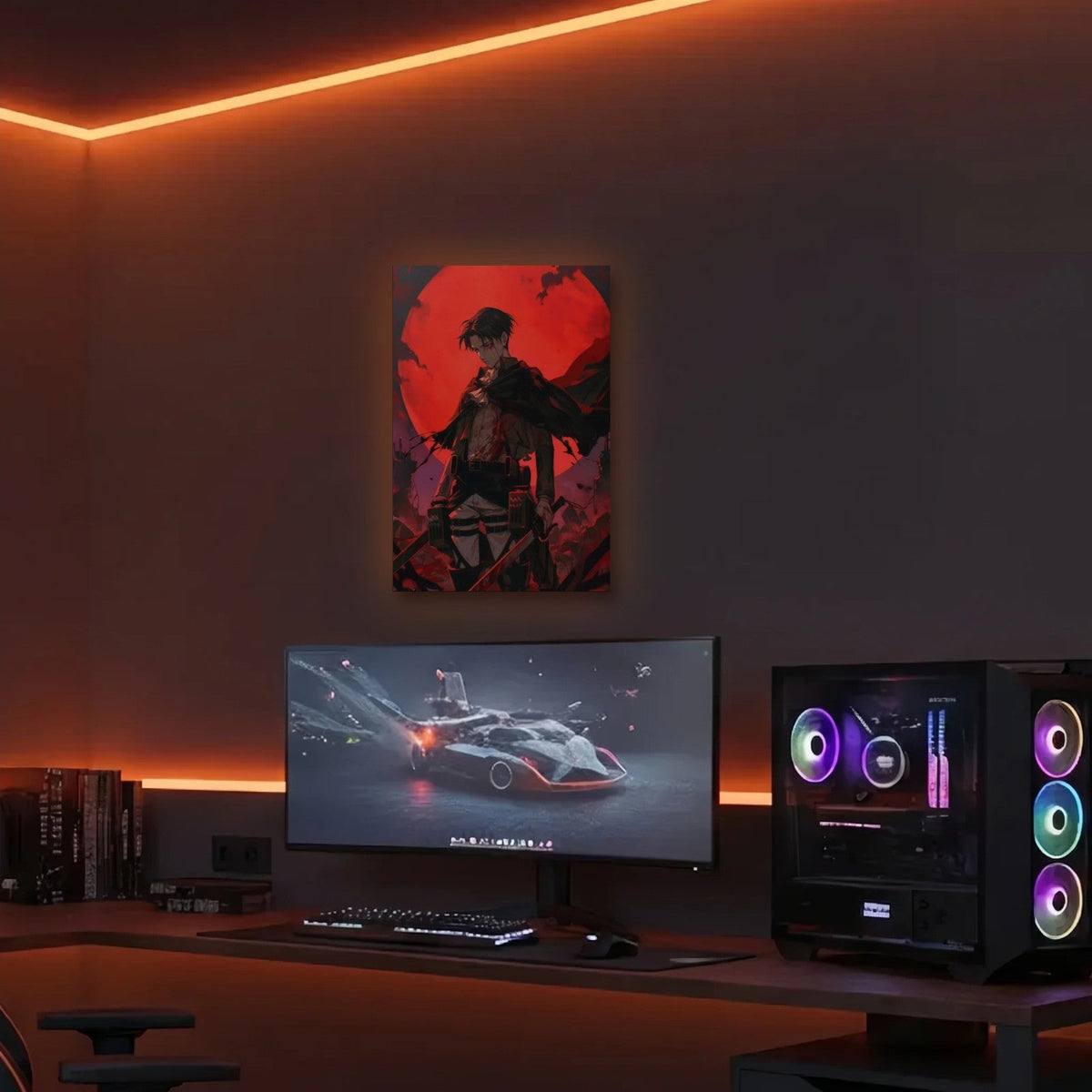 Anime Art acrylic wall art in an orange LED gaming room