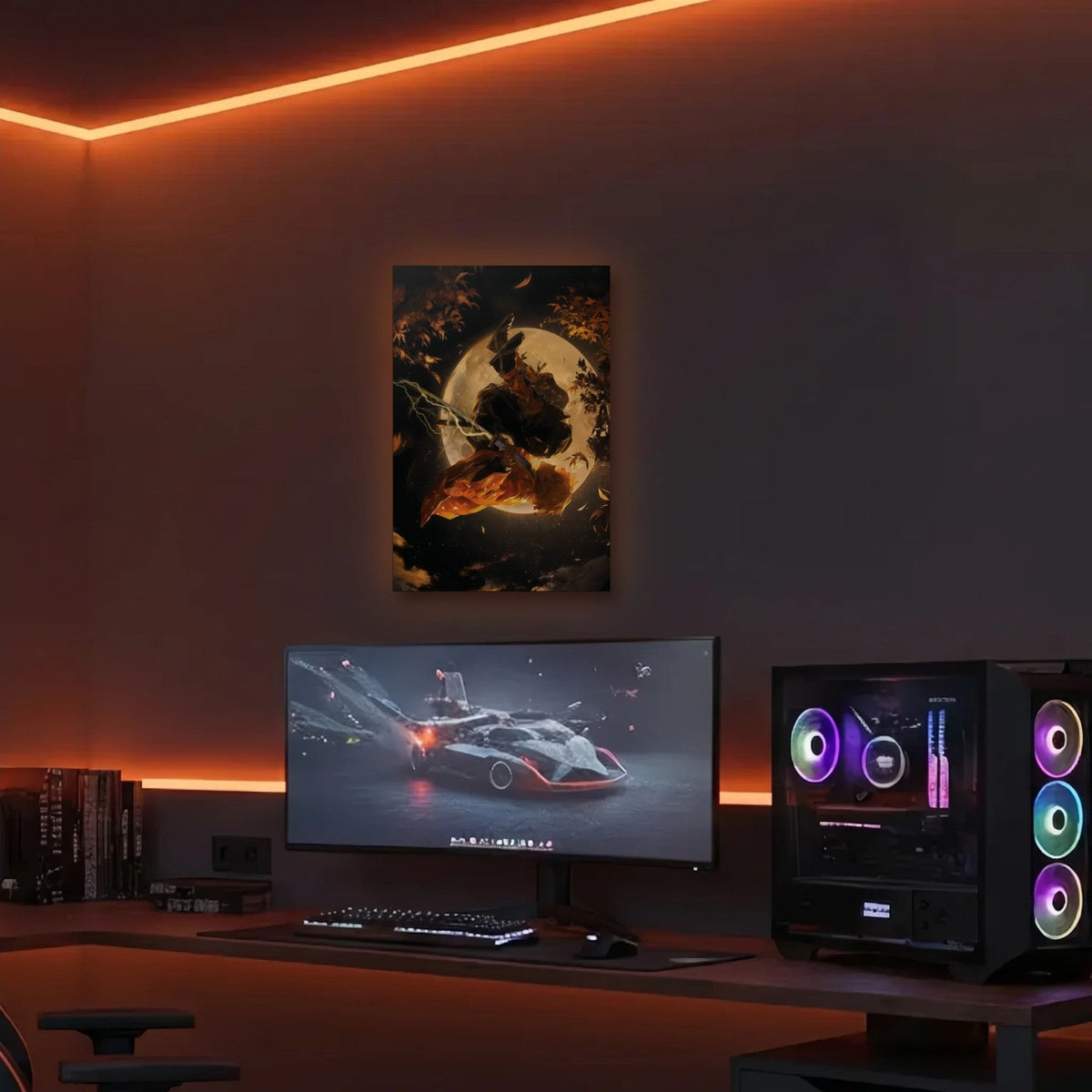 Anime Art acrylic wall art in an orange LED gaming room