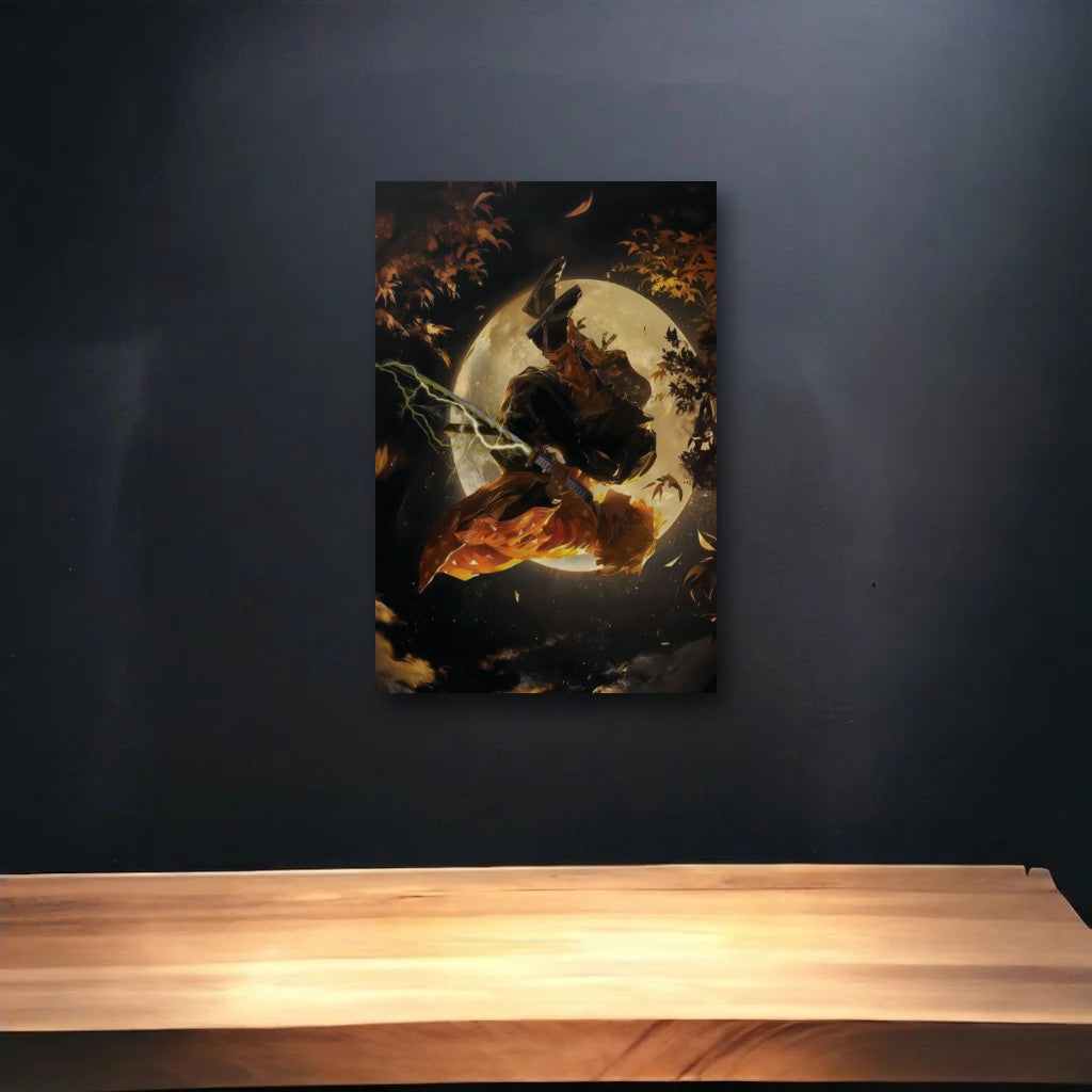 Anime Art glossy acrylic art above a wooden shelf