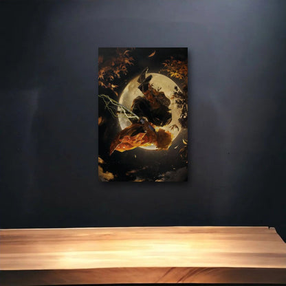 Anime Art glossy acrylic art above a wooden shelf