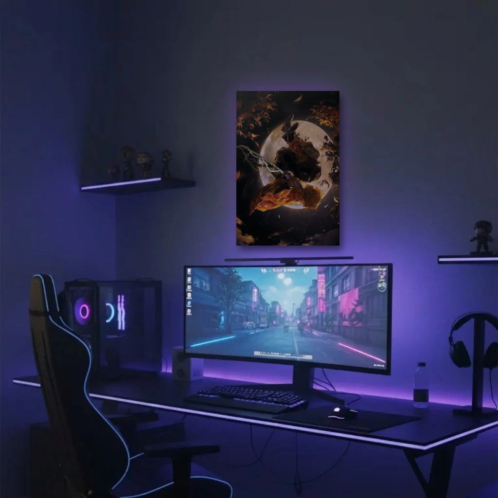 Anime Art acrylic wall art in a purple gaming setup