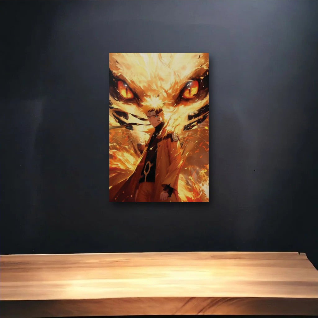Anime Art glossy acrylic art above a wooden shelf