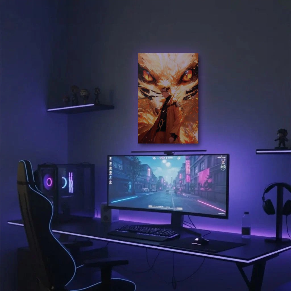 Anime Art acrylic wall art in a purple gaming setup