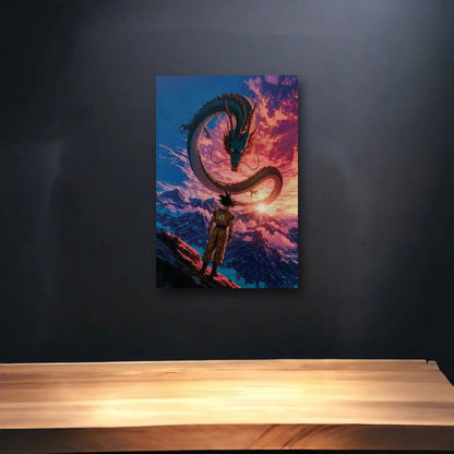 Anime Art glossy acrylic art above a wooden shelf